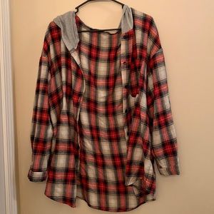 Plaid pattern long sleeve shirt with gray hood